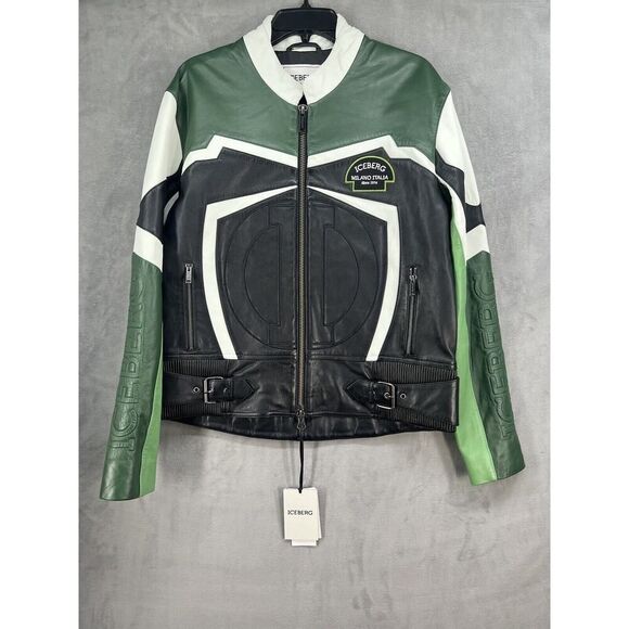 ICEBERG Leather Biker Jacket Size EU 44 Full Zip Men’s Jacket Green Black - Picture 3 of 16